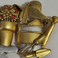 Vtg Danecraft Brooch Pin Gardening Tools Gardner Flower Pots Watering Can Estate