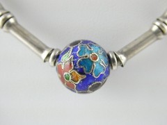 Vintage Sterling Silver Blue Cloisonne Bead Link Necklace 13.4g 925 14.5 Inches