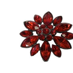 Vintage Floral Red Rhinestone Brooch Marquise Sunburst Gunmetal Pin 1 1/2 in D