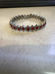Vintage Silver Toned Red Rhinestones Statement Cuff Bracelet Costume Jewelry