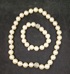 Cookie Lee Faux Pearl Choker Necklace & Bracelet set with Rhinestone Ball Clasp
