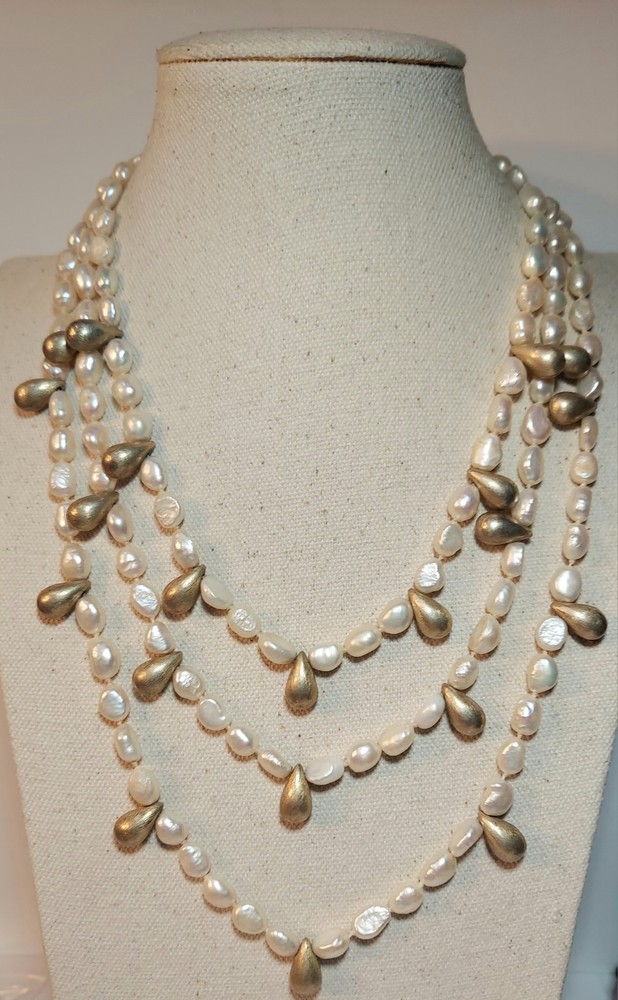 Vtg 3 Strand Baroque Freshwater Pearl Necklace Teardrop Metal Spacers 16-18-22″