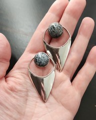 Snowflake Obsidian Sterling Silver Modernist Earrings Vtg Statement Earrings