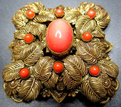 Coral Colored Cabochon Golden FIligree Vintage Brooch W/ Trombone Clasp