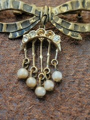 Vintage Bow Pin With Dangling Beads, 1.5 Inches, Brass?