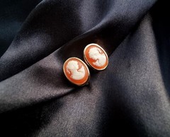 Vintage CROWN TRIFARI 1960s Gold Toned Orange and Ivory Cameo Clip On Earrings