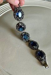 Vintage Silver Tone Blue Faceted Glass Bracelet Victorian Revival Gothic Style