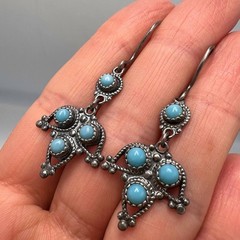 Vintage USSR 875 Silver Niello Turquoise Drop Earrings Ethnic Dangle Signed 70s