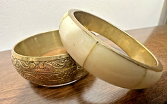 Vintage 1″ Brass Engraved Bangle & 1/2″ Bone And Brass Bangle Boho Chic Bracelet