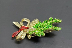 Enamel Pine Cone Fir Branch Bow Holiday Christmas Pin Brooch Gerrys Goldtone 2″