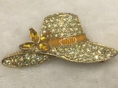 Vintage Signed Monet Yellow Hat Brooch Pin Sparkly Rhinestones