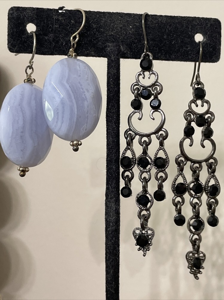 Blue Lace Agate Earrings Dangle Stone Black Chandelier Earrings Lot 2 Pair