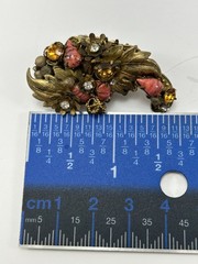 DeMario NY Vintage Clip Earrings Coral Glass Rhinestone Gold Tone Filigree 1950s