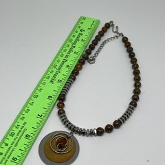 Vintage Modernist Geometric Disk Pendant Necklace Industrial Metal Resin Bead