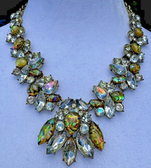 Runway Rhinestone Bib Necklace Iridescent Shell Cabochon Statement