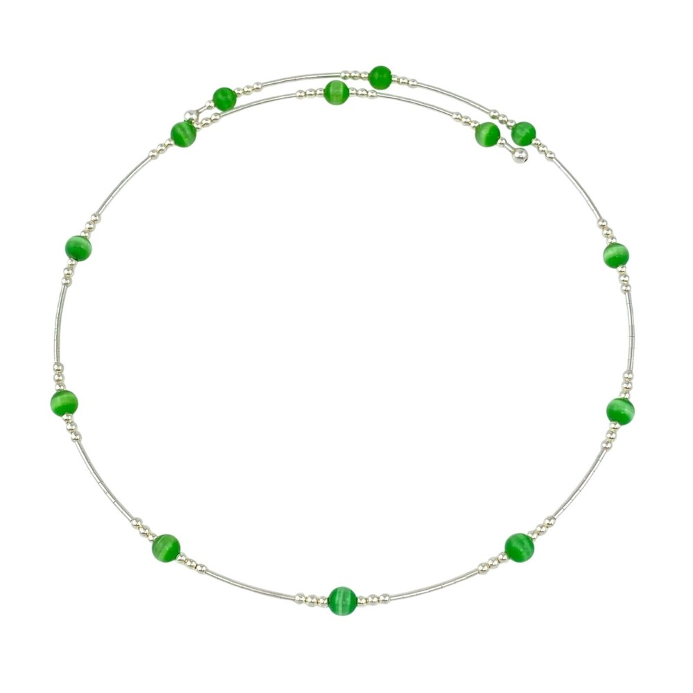 Green Cat’s Eye Tension Wire Necklace | Vintage Sterling Silver | 16″