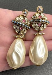 Rare Serbin Massive Royal Cross VTG 80s Faux Pearl Rhinestone Earrings Runway