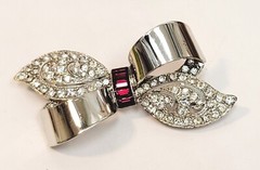 Vintage Large Rhodium Red Clear Rhinestone Bow Brooch Reja Boucher Style