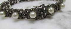 Marsala Sterling Silver Imitation Pearl & Marcasites Bracelet ~ 30g ~ 6-C523