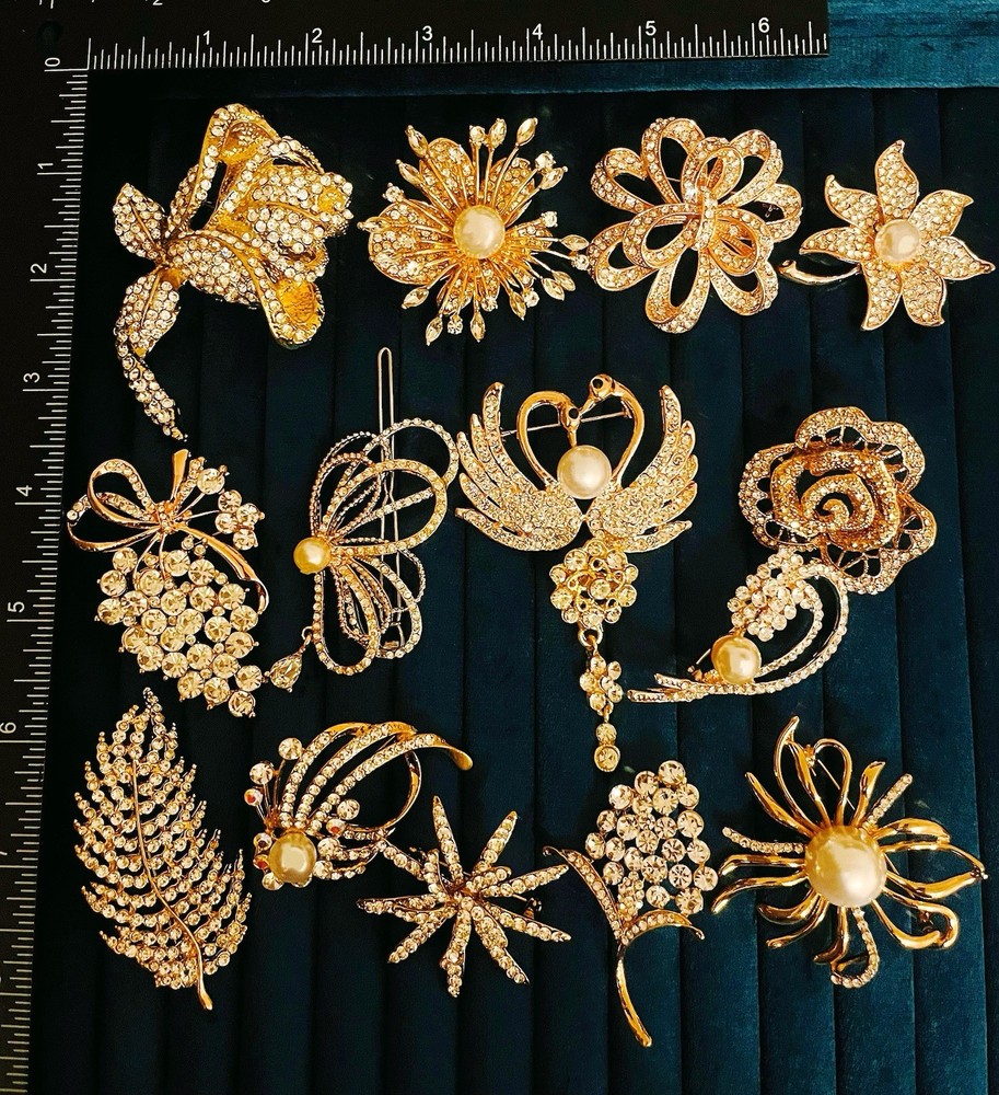 Vintage Style Crystal Rhinestone Brooch Lot 15 Elegant Floral & Animal Designs