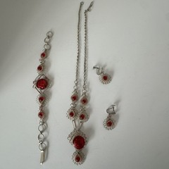 Vintage Antique Silesian Iron Wirework Necklace & Bracelet, Faux Ruby And Silver