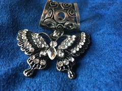 Vintage Slide Open Work Silvertone Butterfly Rhinestone Charm Scarf Pendant 2.5″
