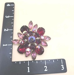 Vintage Brooch Red Pink & Ab Rhinestone Flower Brooch 0368