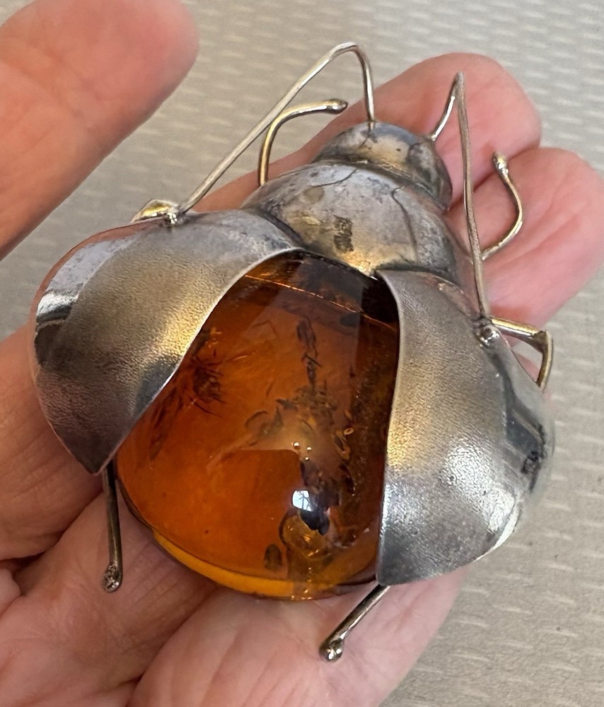 Vintage Baltic Amber Insect Brooch 925 Sterling Silver 3D Figural Big Bee Bug