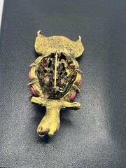 Owl bird pink cabochon green & clear rhinestone gold tone brooch pin vintage