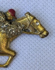 Antique Glass Glitter on Brass Race Horse & Jockey Brooch Pin C Clasp AS IS D92