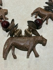 Vintage Hand Carved Wood African Safari Animal Statement Necklace Leopard Lion