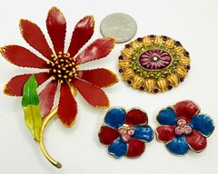 Lot VTG Red Mod Enamel Flower Brooch, Red Blue Earrings & Liz Claiborne Brooch