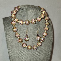 Vintage Chinese Cloisonné Bead Necklace – Pink & Blue Floral on Gold – 26″ L