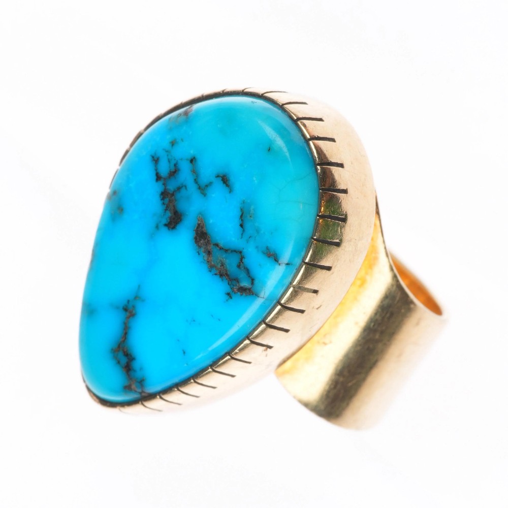 sz5 Anthony sanchez Navajo 14k gold modernist freeform turquoise ring