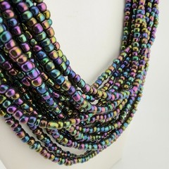 Multicolor Glass Seed Bead Layered Statement Bib Necklace Oil Slick Peacock