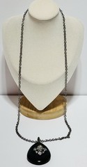 Cg Signed Silver Tone Necklace Black Stone Pendant Fleur De Lis Rhinestone 30in