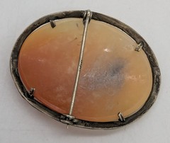 800 Silver Carved Shell Cameo Pin Brooch w/ Marcasite Antique 4.5cm x 3.5cm