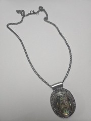 Vintage Silver Tone Abalone Shell Oval Pendant Necklace Boho Statement Jewelry