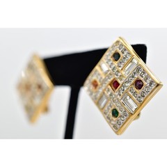 Swarovski Vintage Crystal Clip On Earrings Gold Chunky Multi-Color Signed BinBF