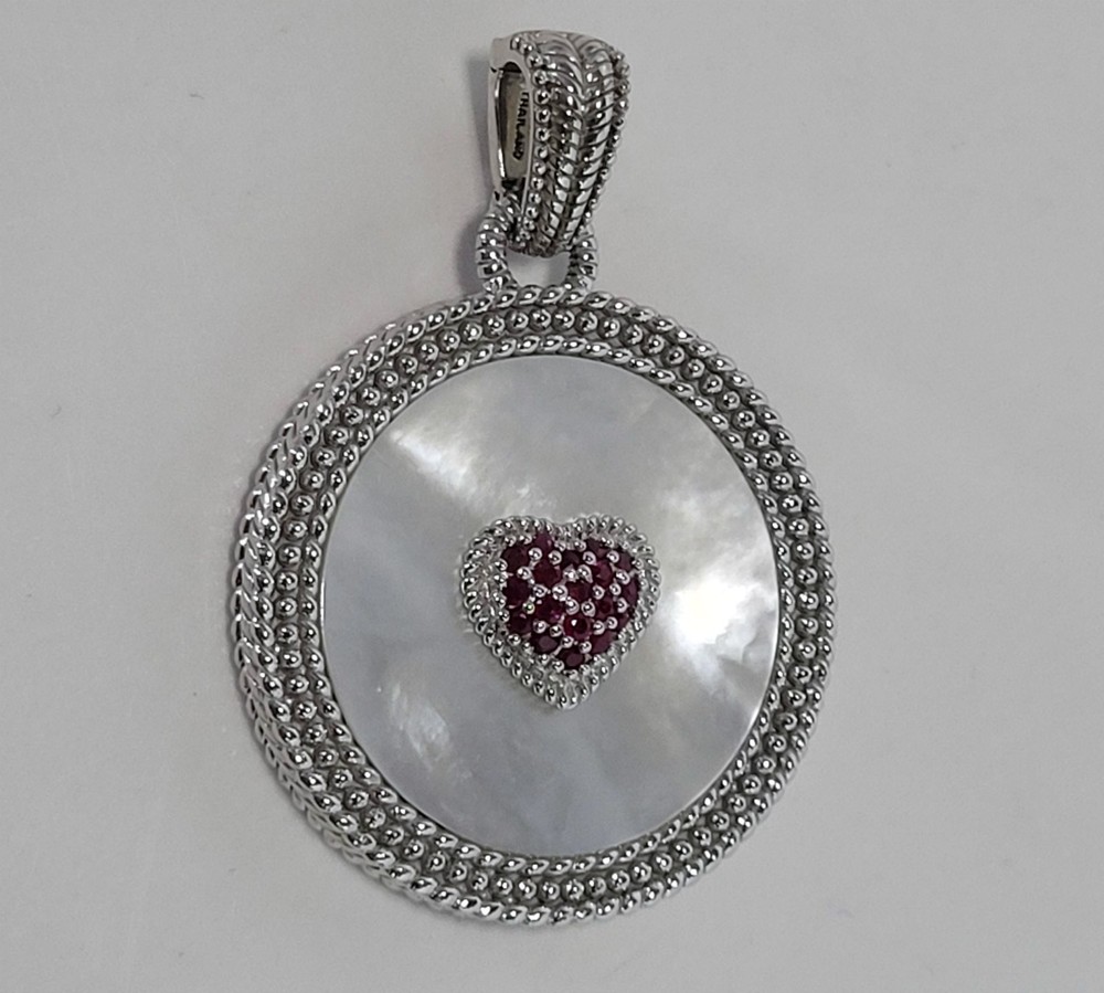 Judith Ripka Round MOP Sterling Enhancer Pendant w/ Pave Ruby Heart