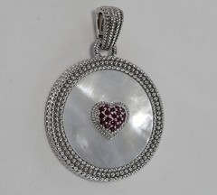 Judith Ripka Round MOP Sterling Enhancer Pendant w/ Pave Ruby Heart