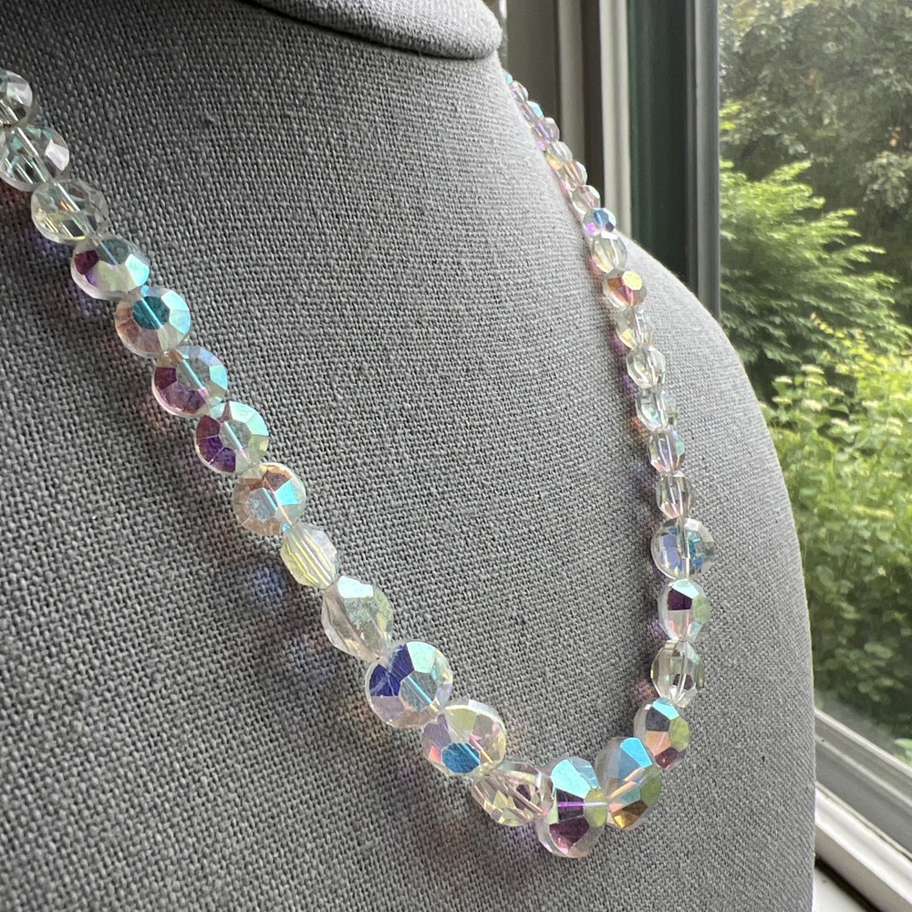 Vintage Aurora Borealis Crystal Necklace, 17″; Nice