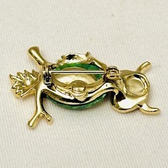 Vintage GERRY’S Gold Tone Green Cabochon & Rhinestone Owl Bird Brooch/Pin J11