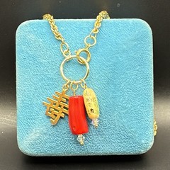 Custom Vintage Charm Trio, Vtg Gold Plated Chain Necklace, Coral, Chinese Symbol