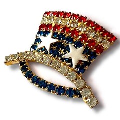Patriotic Rhinestone Brooch Red White Blue Vintage Uncle Sam Hat Figural Pin