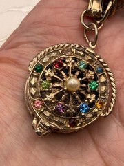 Vintage Flower Basket Charm Bracelet Gold Tone Rhinestones Victorian Revival