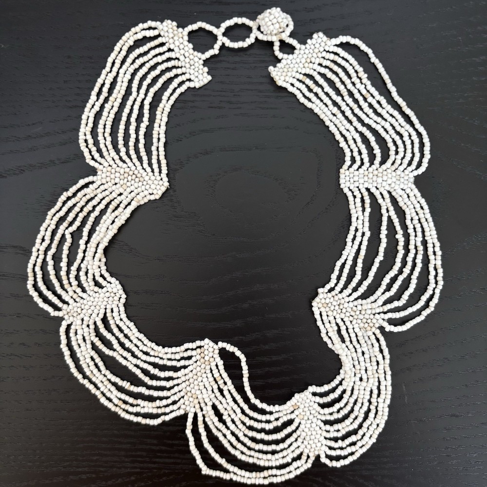 Vintage White Glass Seed Bead Bib Collar Necklace 16-18” Adjustable Length