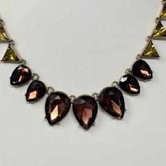 Designer Geometric Bib Necklace Brown Yellow Glass Rhinestone Gold Tone 19″
