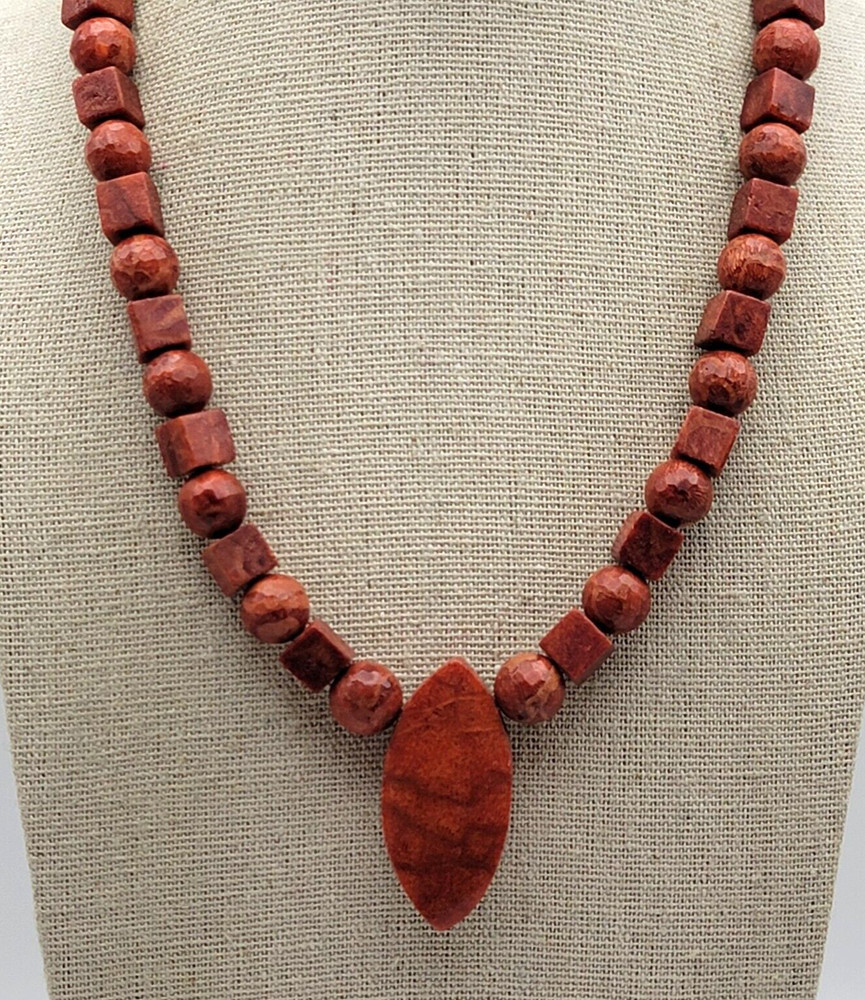 Vintage Red Coral Pendant Beaded Necklace 17.5 Inch Toggle Clasp Silver 925