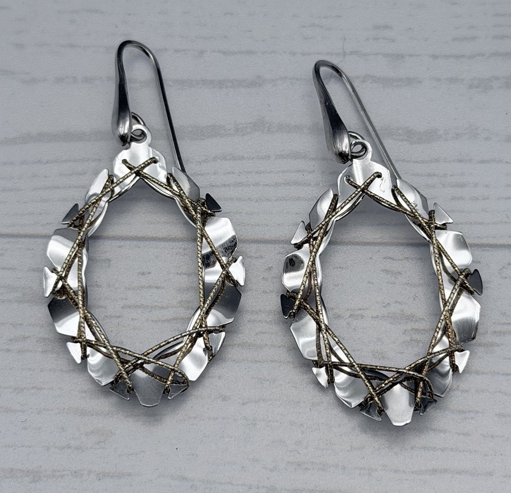Sterling Silver Dangle Hoop Earrings 925 Two Toned Wire Wrapped Hand Made 2”